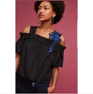 Mynah Navya Taandon Blue Floral Embroidered Open Shoulder Top Small